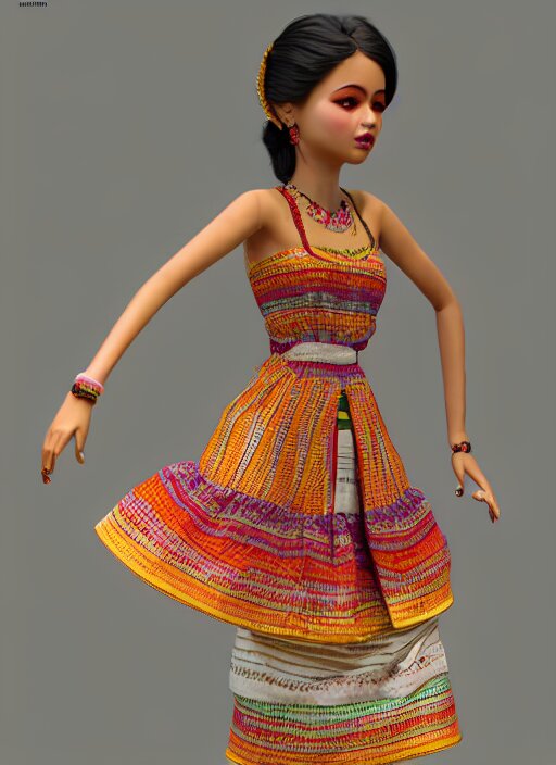 beautiful summer assamese mekehela bihu style floral dress, flirtatious, boho - chic, sleeveless, elegant, short skirt length, slimmer demeanor, plethora of colors ; mini dress ; highly detailed cute face by wlop ; 3 6 0 rotation reference ; octane render, unreal engine 5, trending on artstation, 8 k high resolution, global illumination ray tracing ; symmetrical, cinematic, high coherence, hdr fabric textures 