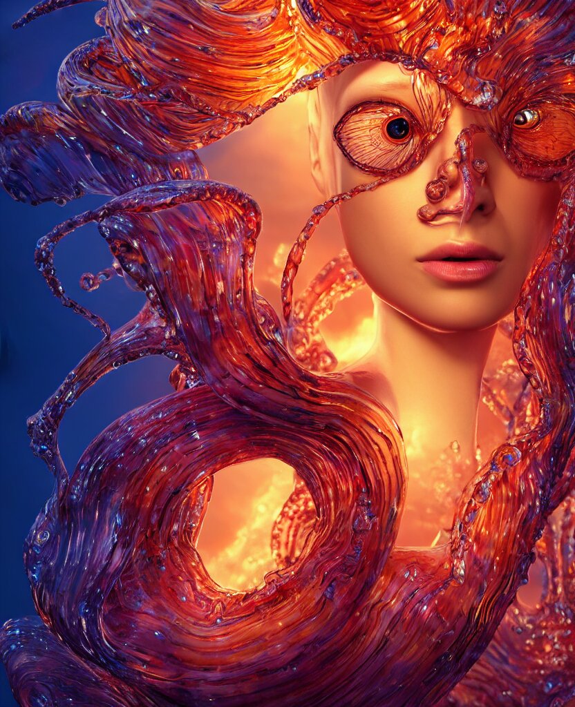 close-up portrait of the face of a beautiful princess in a twisted glass mask floating on the edge of the water, epic angle and pose, symmetrical artwork, 3d with depth of field, blurred background, cybernetic jellyfish female face skull phoenix bird, translucent, nautilus, energy flows of water and fire. a highly detailed epic cinematic concept art CG render. made in Maya, Blender and Photoshop, octane render, excellent composition, cinematic dystopian brutalist atmosphere, dynamic dramatic cinematic lighting, aesthetic, very inspirational, arthouse. y Greg Rutkowski, Ilya Kuvshinov, WLOP, Stanley Artgerm Lau, Ruan Jia and Fenghua Zhong