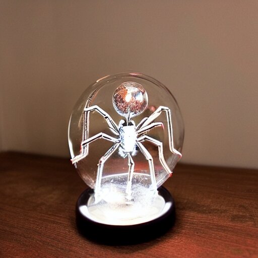 a metal spider with a gnome snow globe head, professional lighting 