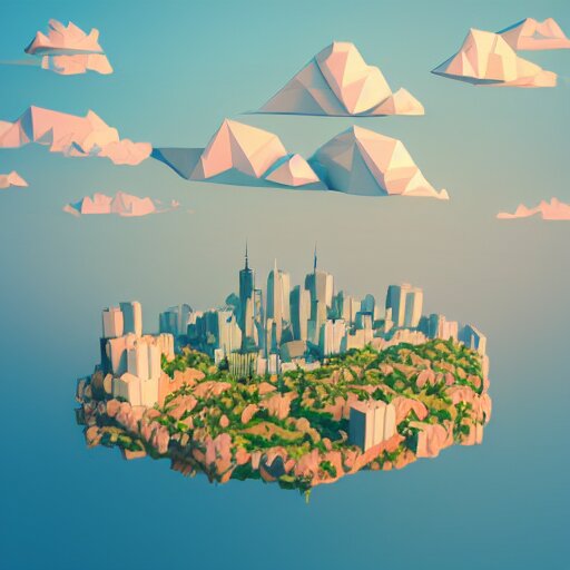 floating island with new york city in the sky, low poly, isometric art, 3d art, high detail, artstation, concept art, behance, ray tracing, smooth, sharp focus, ethereal lighting