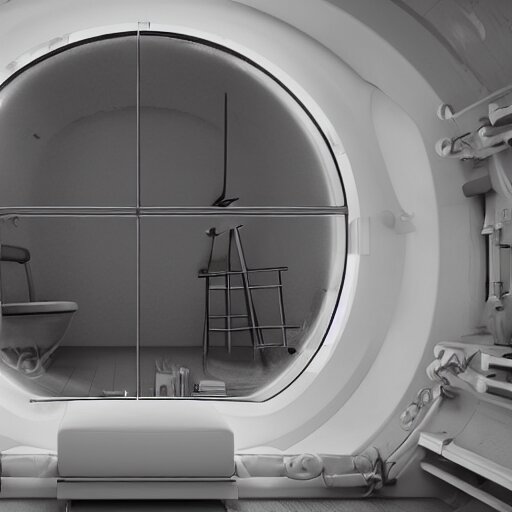 small single bedroom inside space ship with round window looking into space, gray metallic walls, style of engine factory room, 1960s, science fiction, ultra realistic, 4k.