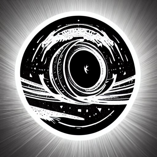 tattoo png logo of black hole rising above city, city destroyed by shockwave, black hole with accretion disс, digital art, vector logo, sticker, black and white, art by stefan koidl, brock hofer, marc simonetti 