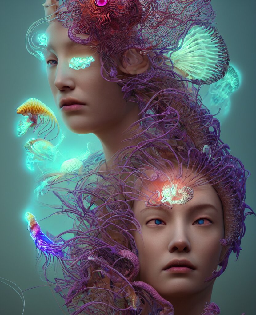 goddess close-up face portrait. chimera orchid jellyfish phoenix head, nautilus, skull, betta fish, bioluminiscent creatures, intricate artwork by Tooth Wu and wlop and beeple. octane render, trending on artstation, greg rutkowski very coherent symmetrical artwork. cinematic, hyper realism, high detail, octane render, 8k