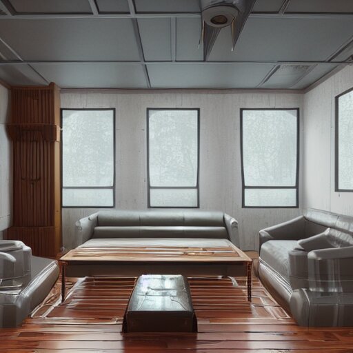 Sci fi living room engine room, electric wallpaper, unreal engine 5 tech demo, zillow interior, cool tint, metallic reflective, octane render, Frank Lloyd Wright ((Studio Ghibli))