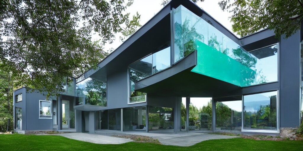 large futuristic residence, cascadian, blue concrete, large green glass windows, cuboid elements, blue metal 