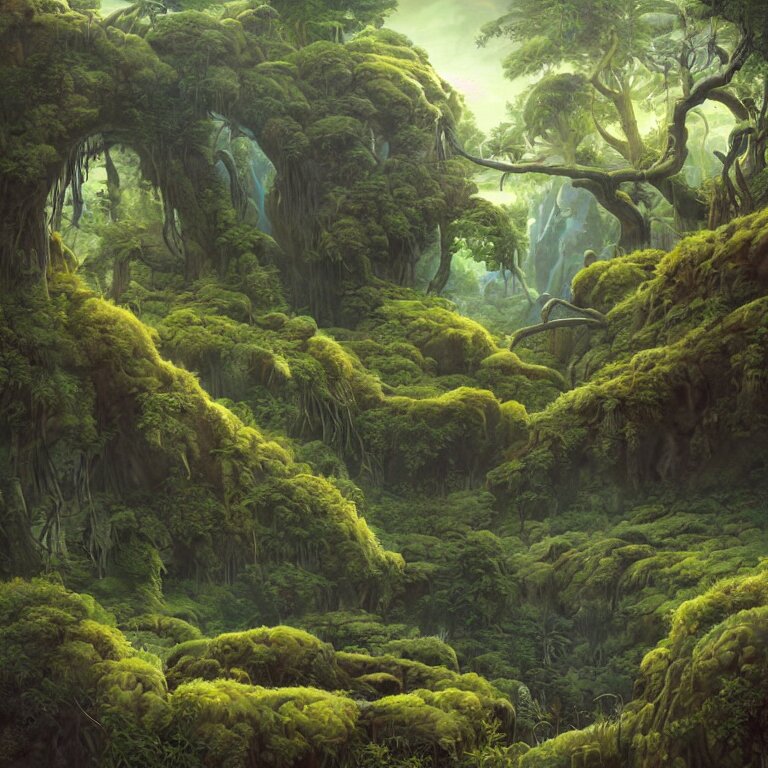 digital painting of a lush natural scene on an alien planet by gerald brom. digital render. detailed. beautiful landscape. wet. 