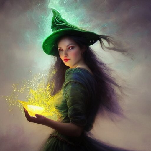 epic portrait an beautiful witch holding an potion bottle full of sparkling glitter liquid, green liquid, glowing, beautiful, goddess, glossy lips, sweaty skin, wet flowing long hair, witch hat, broad light, ambient occlusion, volumetric light effect, made by ivan aivazovsky, peter mohrbacher, greg rutkowski, matte painting, trending on artstation, 4 k, perfectly defined features, digital painting, 