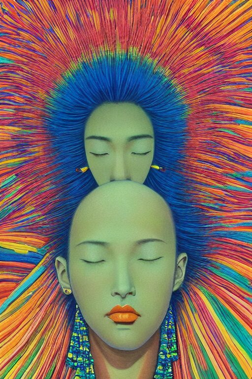 a colorful vibrant closeup portrait of a fashion model with a beaded headdress and dreaming psychedelic hallucinations, by kawase hasui, moebius, edward hopper and james gilleard, zdzislaw beksinski, steven outram colorful flat surreal design, hd, 8 k, artstation 