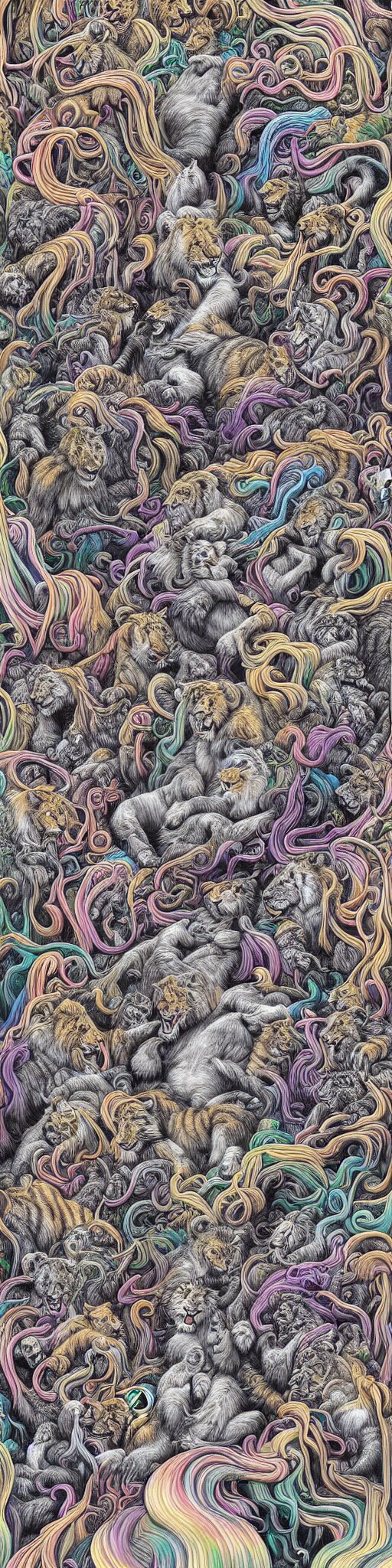 lions and tiger and bears dissolving into melted liquid braids, cubensis, aztec, basil wolverton, r crumb, hr giger, mc escher, dali, muted but vibrant colors, rainbow tubing, 