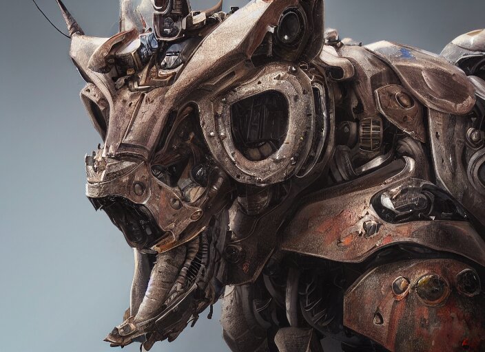 detailed full body concept art illustration oil painting of a robotic animal with intricate fur and armor, ultra detailed, digital art, octane render, dystopian, zero dawn, 4k