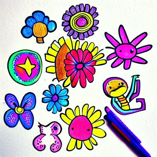 fun doodle characters, flowers, rainbows, toilet seats, drawn with a fineliner pen on a white paper 