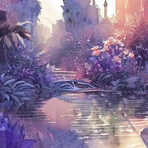 Beautiful happy picturesque charming sci-fi town in harmony with nature. Beautiful light. Water and plants. Nice colour scheme, soft warm colour. Beautiful detailed artistic watercolor by Vincent. (2022)