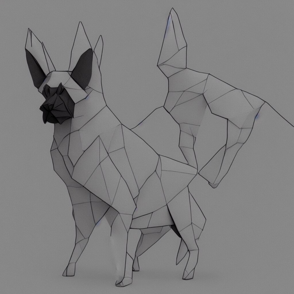 3 d rendering of japanese paper origami of simplified shape of german shepherd, 2 d image 