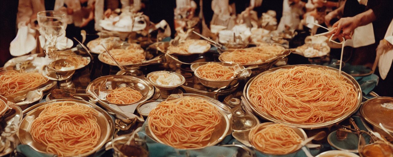 a large bowl of spaghetti, beautifully plated on a full buffet table, small details, intricate, sharply focused, canon 5 0 mm, wes anderson film, kodachrome 