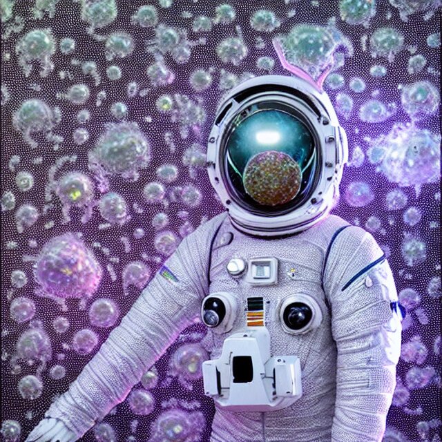 realistic extremely detailed  photo style  painting of a complete  astronaut suit with exposed diamond 3d fractal lace iridescent bubble 3d skin clear brain+ ,holding a sparkle plasma sniper rifle oscilloscope, and in a jumping float pose inside of a futuristic space station
,opal ruby diamond iridescent fractal lace bubble materials,chelate appendages barnacles,
monolithic retro futuristic ,water , by style hybrid mix of beeple+Anton Pieck+Jean Delville+ Amano,Yves Tanguy+ Alphonse Mucha+ Ernst Haeckel+ Edward Robert Hughes+Stanisław Szukalski covered with compound eye camera lenses,ambient occlusion,
rich moody colors,diamond dust glitter and sparkles, granular detail,holographic krypton ion,blue eyes,octane render,4k,
f32,55mm photography,wide angle ,jumping float Pose,full shot,  