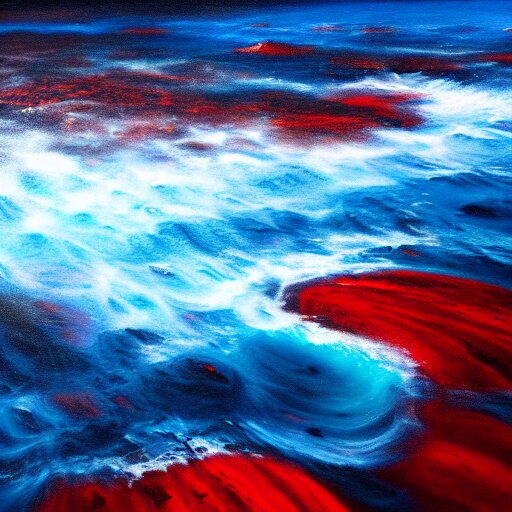 A gorgeous detailed oil painting of a red sea covered in big blue rocks, the further away the mistier it gets, dark aesthetic, atmospheric, moody, highly detailed, masterpiece, award winning, 4k