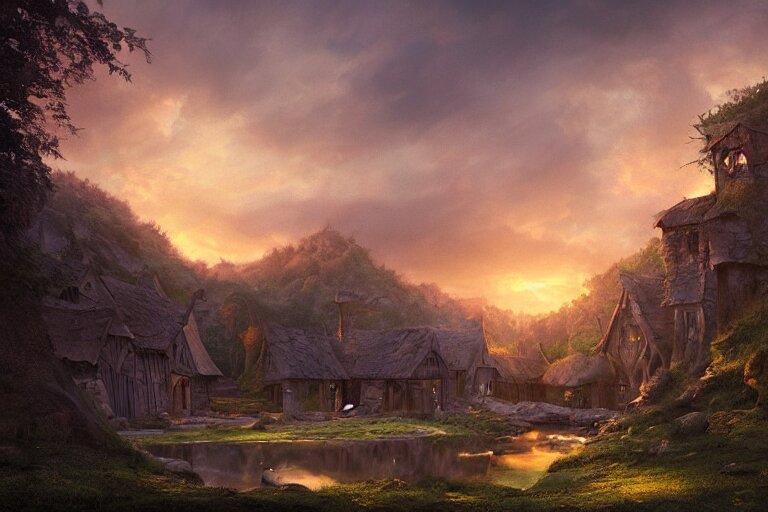 a medieval celtic village with a stream in a forested valley, sunset with ominous shadows by jessica rossier and brian froud cinematic painting 