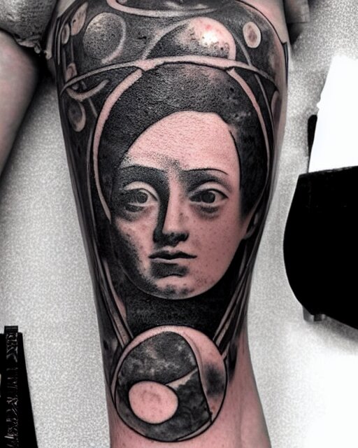 planets on the top of a broken renaissance head statue, realism tattoo design, in the style of matt jordan 