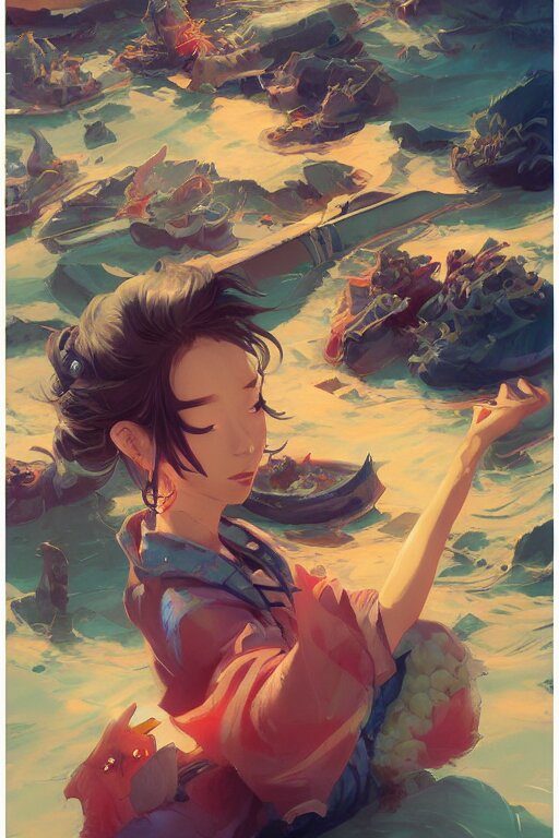 sushi, tooth wu, dan mumford, beeple, wlop, rossdraws, james jean, marc simonetti, artstation giuseppe dangelico pino and michael garmash and rob rey and greg manchess and huang guangjian and makoto shinkai 