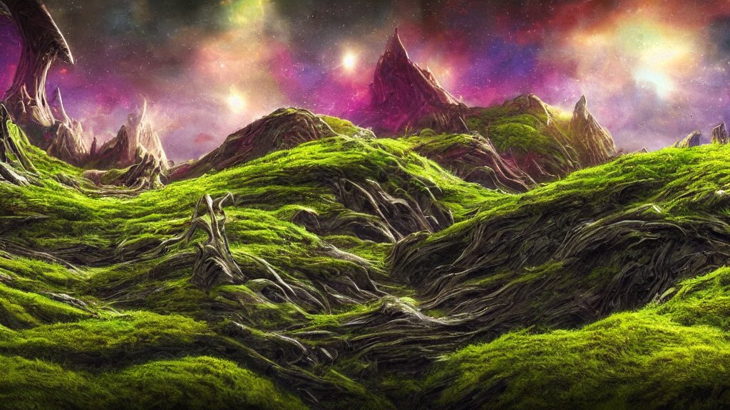 an alien landscape view, alien sky, star in the sky, alien waterfall, alien grass, weird alien trees, alien mountains, epic composition, colorful, 4 k, detailed, realistic 