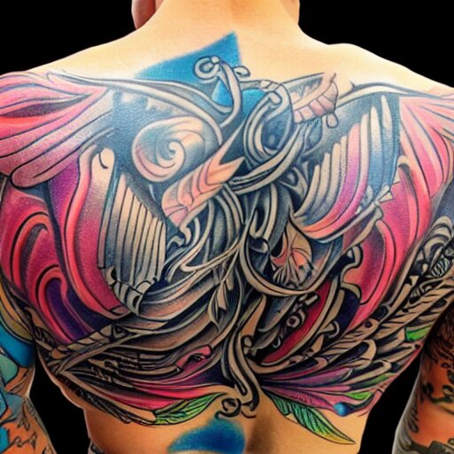 a picture of my new back tattoo of a muscular back, bright colorful ink 