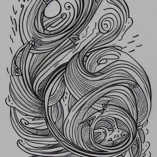 tattoo sketch of a sea, on a yellow paper, ornamental, line art, minimalism, tatto for leg 