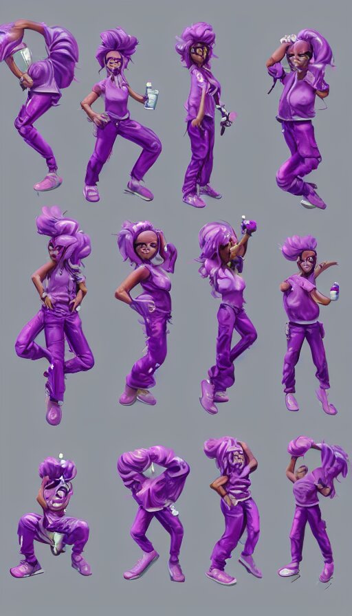 a sprite sheet of a graffiti wirter holding a spray can and purple hair, 3D character, sweat drops, insane, intricate, highly detailed, oil painting, smooth, sharp focus, Unreal Engine 5, 8K