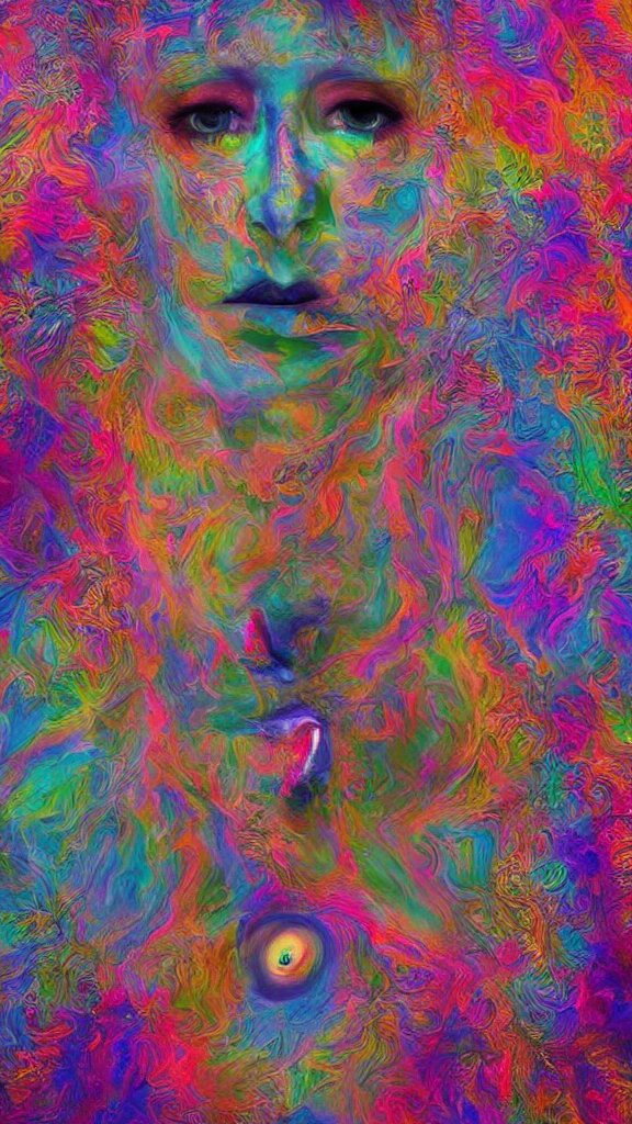 hyperrealistic abstract close-up female! portrait Renaissance psychedelic!! celestial happy! pure creature!! peaceful! kind spirit of nature! beautiful fractal!! eyes! highly detailed concept art eric zener elson peter cinematic hard rainbow lighting high angle hd 8k sharp shallow depth of field endless, inspired by Zdzisław Beksiński Salvador Dali