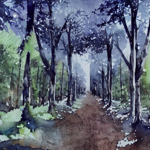 abandoned city overgrown by trees, watercolor