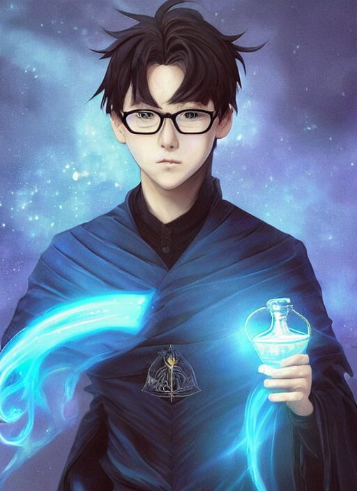 digital art, sharp focus, close - up, character portrait, a seventeen years old male!! ravenclaw wizard black, slightly wavy hair, wearing browline!! glasses!!! with a potion bottle!!!, blue shiny lighting, beautiful fantasy art, film still, masterpiece, award winning, symmetry, by artgerm and hayao miyazaki, by rutkowsky, by alphonse mucha, artstation, hq, trending on artstation 