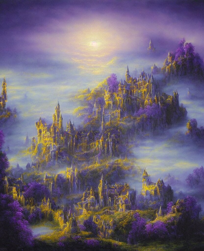 beautiful matte airbrush painting of a of a fantasy landscape with a european medieval castle made of light in the distance enveloped in trails of colorful animal ghosts floating around it, clear painting and good lighting, dark blue and intense purple color palette, mystical fog, art by gilbert williams, yoshitaka amano, high quality 