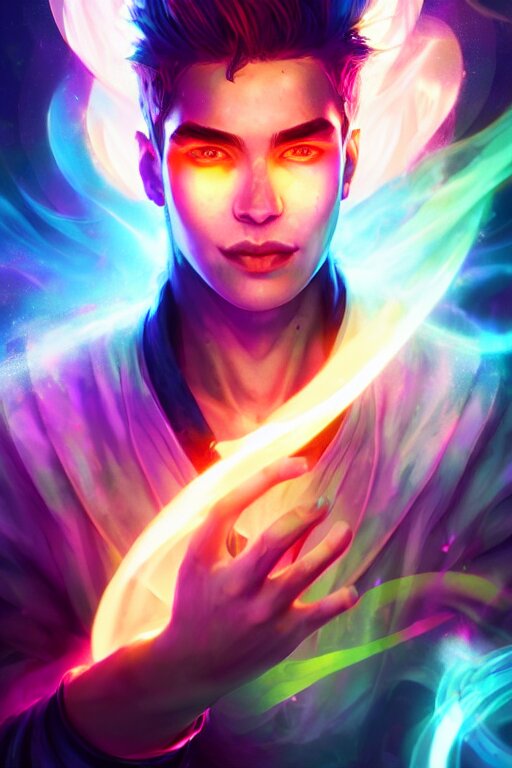 a human elemental sorcerer, blurred environment background, colorful magic effects, white skin, portrait, male, sharp focus, digital art, concept art, dynamic lighting, by emylie boivin and rossdraws 