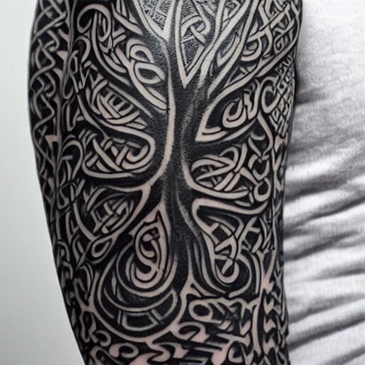 photograph of a sleeve tattoo, black ink, intricate celtic pattern with tree of life, highly-detailed, beautiful, award winning, 8k