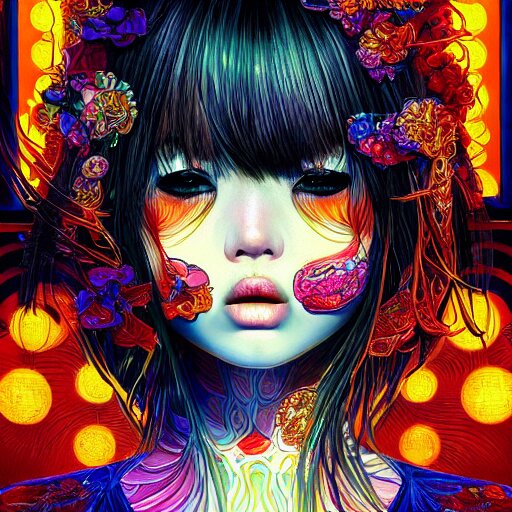 the face of an unbelievably beautiful and pretty japanese girl partially made of onion rings of all colors looking down, an ultrafine detailed illustration by james jean, final fantasy, intricate linework, bright colors, behance contest winner, vanitas, angular, altermodern, unreal engine 5 highly rendered, global illumination, radiant light, detailed and intricate environment 