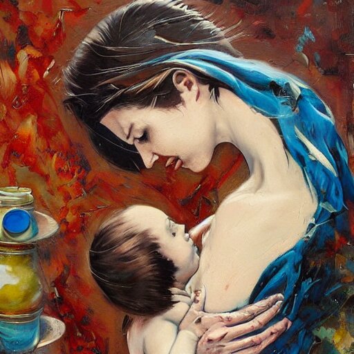 by john larriva, by aaron horkey emotive. a beautiful painting harmony of colors, simple but powerful composition. a scene of peaceful domesticity, with a mother & child in the center, surrounded by a few simple objects. colors are muted & calming, serenity & calm. 