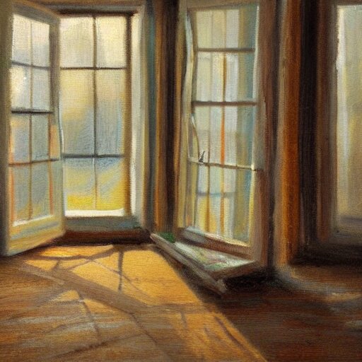 oil painting of mostly empty cottage interior, one small window with sunlight shining onto the floor. artistic. cozy. wooden floor. rustic. 