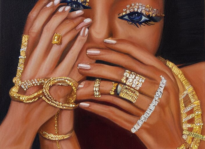 painting of a female wearing hundreds of gold and platinum rings, by alex petruk 