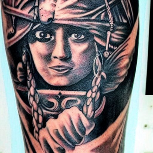 A pirate ship tattoo design in the style of Dmitriy Samohin, hyper realistic tattoo