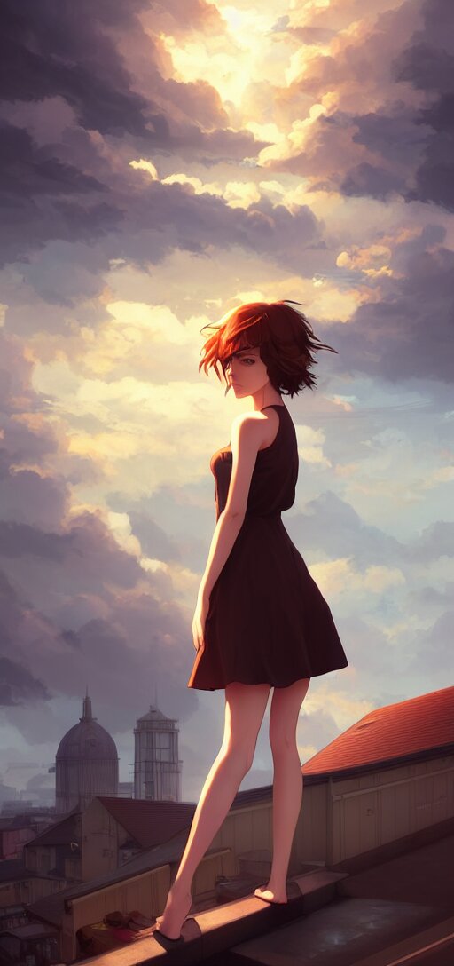 a beautiful british woman with short brown hair, gentle, somber amber eyes, standing on a rooftop, storm in the distance, basic clothing, digital art by makoto shinkai ilya kuvshinov and wojtek fus, digital art, concept art, 