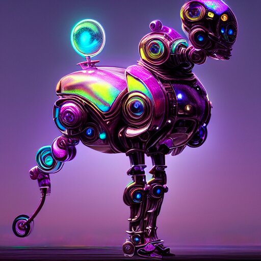 iridescent opalescent android robot animal in candyland, warm tones, bioluminescent : by michal karcz, daniel merriam, victo ngai and guillermo del toro : ornate, dynamic, particulate, intricate, elegant, highly detailed, centered, artstation, smooth, sharp focus, octane render 