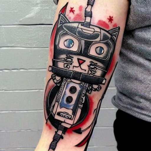 Anime manga robot!! cat tattoo, cyborg cat, exposed wires and gears, fully robotic!! cat, manga!! in the style of Junji Ito, Hayao Miyazaki and Naoko Takeuchi, cute!! chibi!!! cat, tattoo on upper arm, arm tattoo