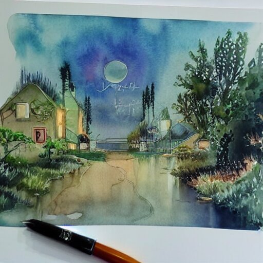 Beautiful happy picturesque charming sci-fi town in harmony with nature. Beautiful light. Water and plants. Nice colour scheme, soft warm colour. Beautiful detailed watercolor by Lurid. (2022)