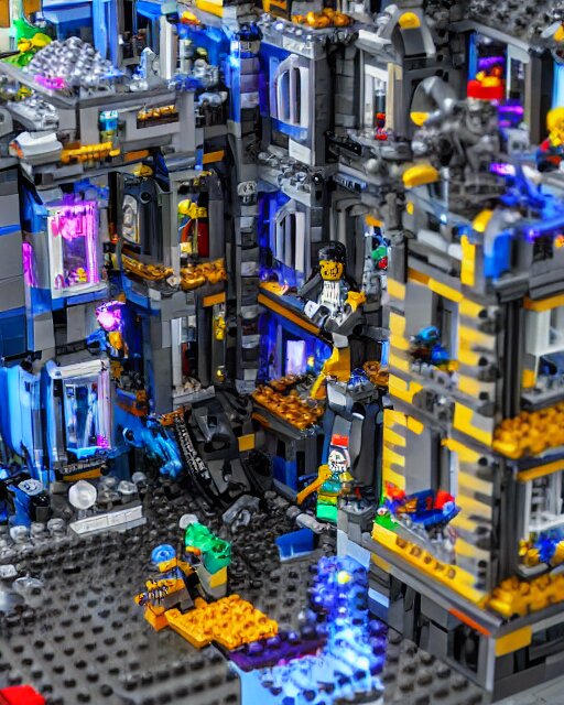 a high quality photograph of an intricate complex lego set of a realistic cyberpunk castle