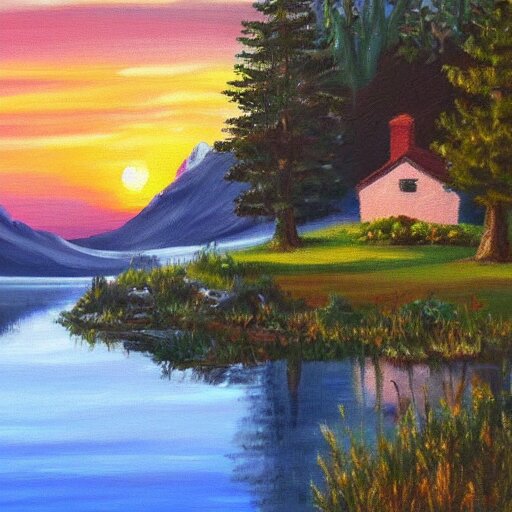 a landscape with a lake in the mountain. sunset. cottage. acrylic painting. 4 k. very detailed. trandint on artstation. masterpiece. shadows. 