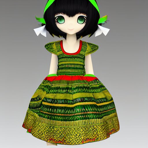 cute fumo plush of a girl in a green and gold tribal patterned dress, stylized material bssrdf, cel shading, vray, anime girl 