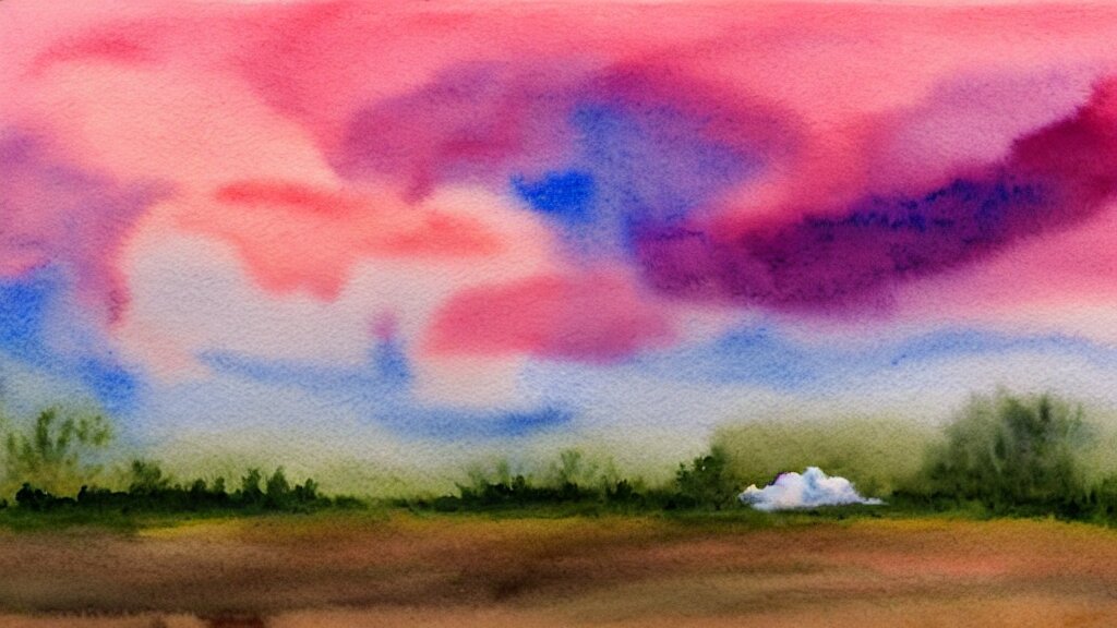 watercolor of a big cumulonimbus cloud on a pink sunset 