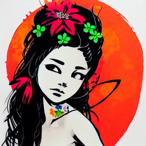 tattoo design, stencil, stencil on paper, tattoo stencil, traditional, beautiful portrait of a traditional Hawaiian girl with flowers in her hair, upper body, by artgerm, artgerm, artgerm, digital art, cat girl, anime eyes, anime, sexy, super model-s 100