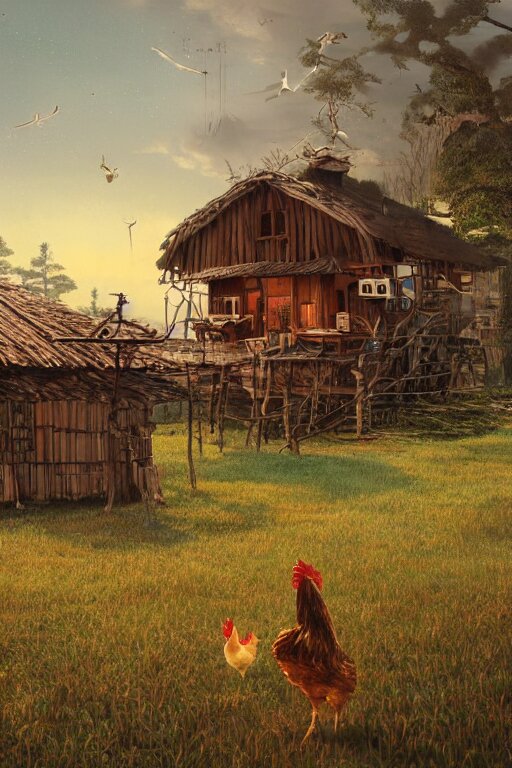 an awesome twilight day concept art of old hut with chicken legs, by kengo kuma and wes anderson with village, mixed development, cgsociety, fantastic realism, artstation hq 