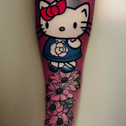 beautiful gorgeous tattoo art of hello kitty, extremely intricate, professional art, striking pose, amazing 