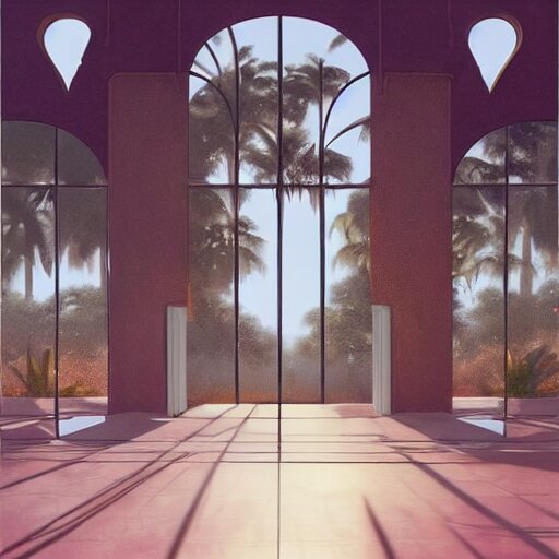 indoor liminal space, golden light, greg rutkowski, palm trees, pink door, minimalistic, hyperrealistic surrealism, award winning masterpiece with incredible details, epic stunning, infinity pool mirrors, a surreal vaporwave liminal space with mirrors, highly detailed, trending on artstation, artgerm and greg rutkowski and alphonse mucha, daily deviation 